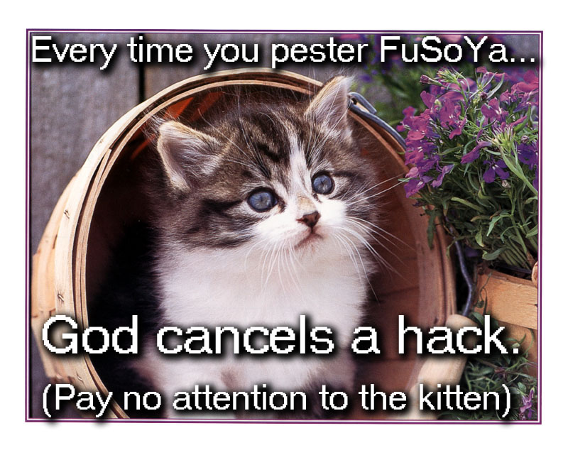 Every time you pester FuSoYa, God cancels a hack.